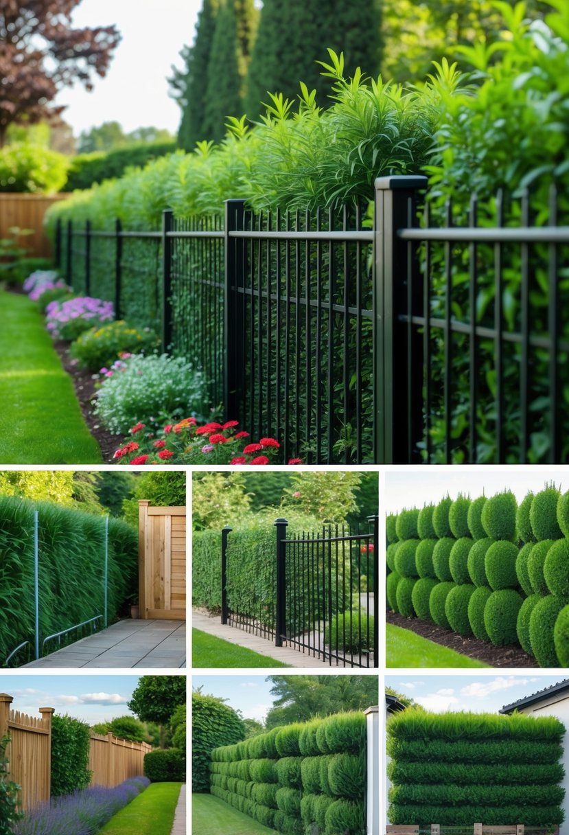 A garden with various types of fences and thick hedge plants arranged to keep dogs out.