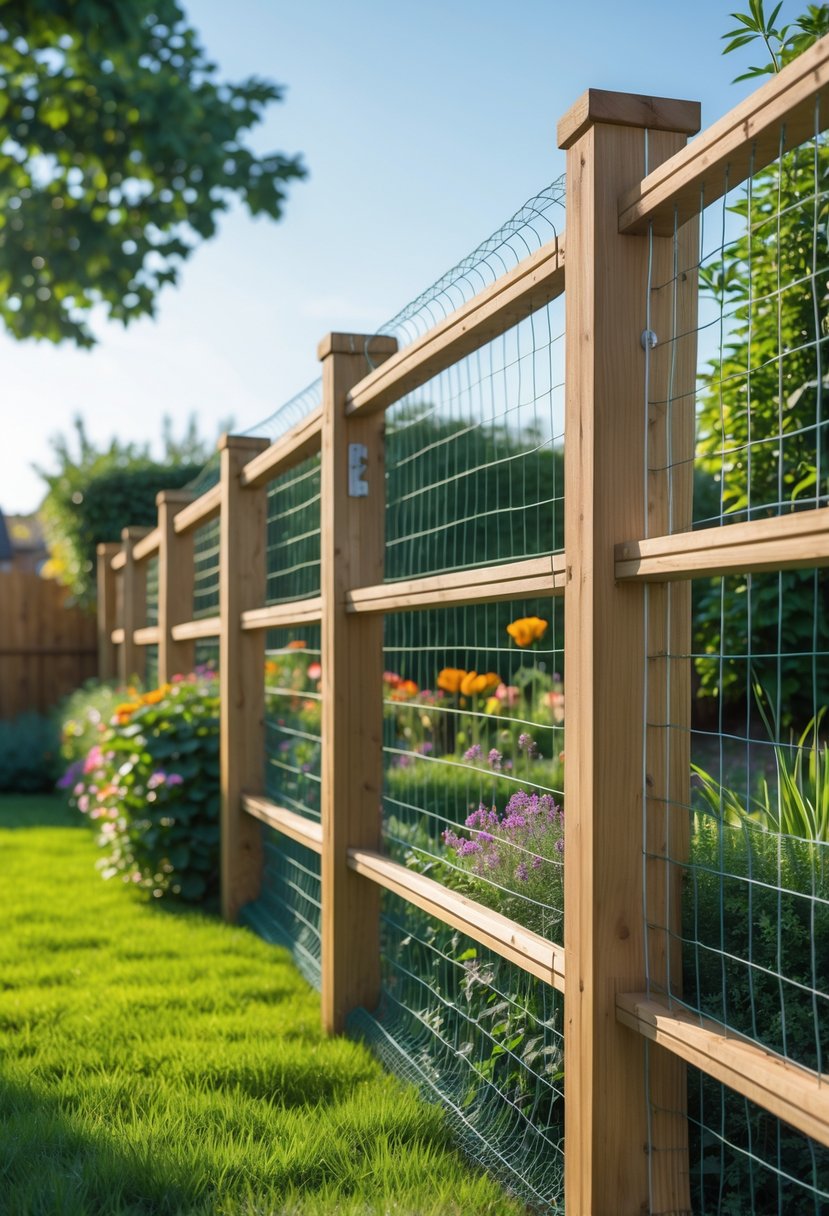 A wooden garden fence reinforced with chicken wire surrounding a green garden with flowers and shrubs.