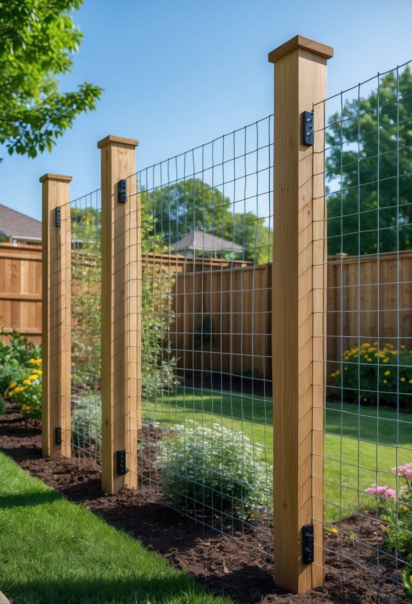 A wooden and wire garden fence enclosing a green backyard with flowers and shrubs under a clear sky.