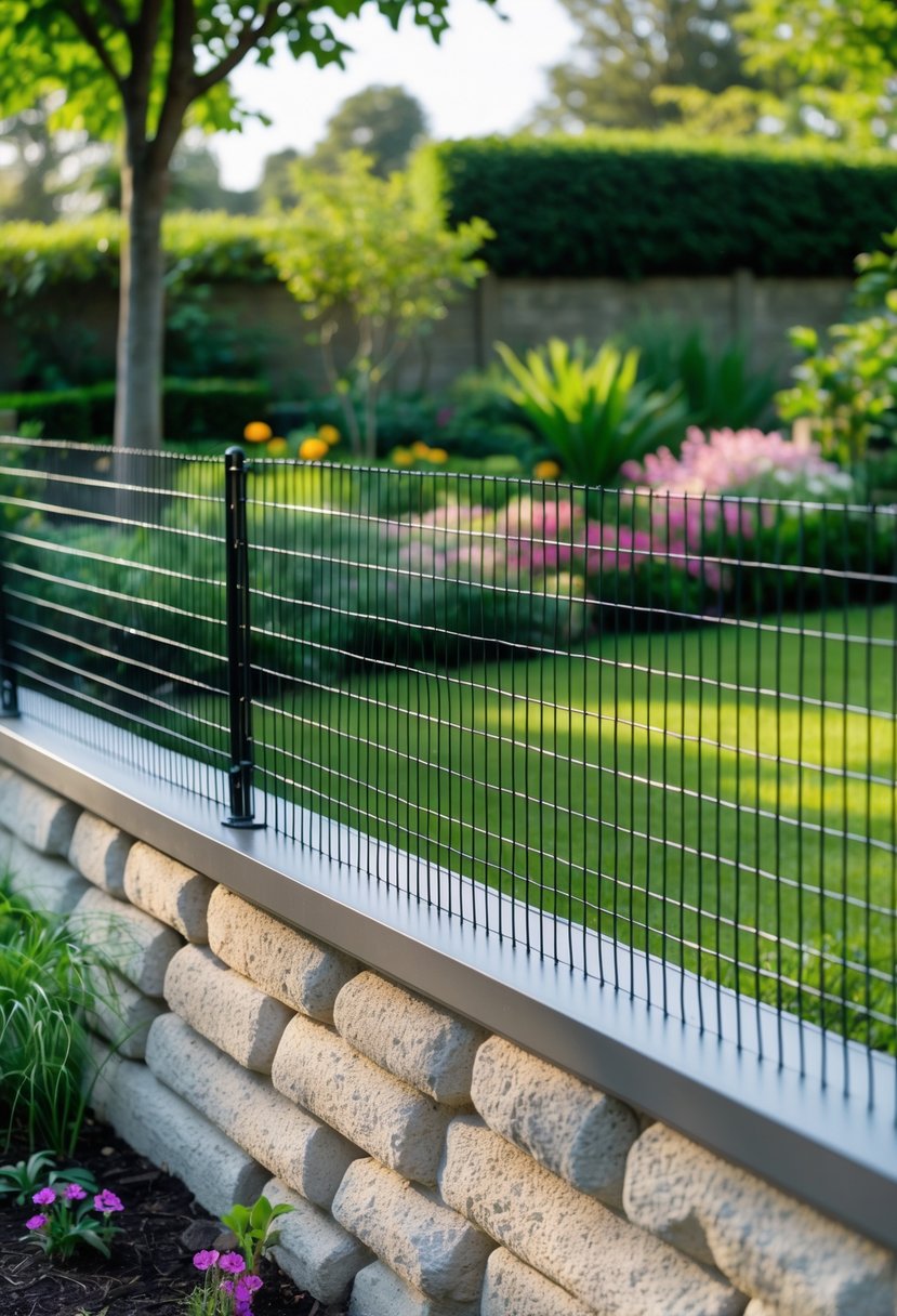 Low garden wall topped with wire mesh fence surrounding a garden with grass and flowers.