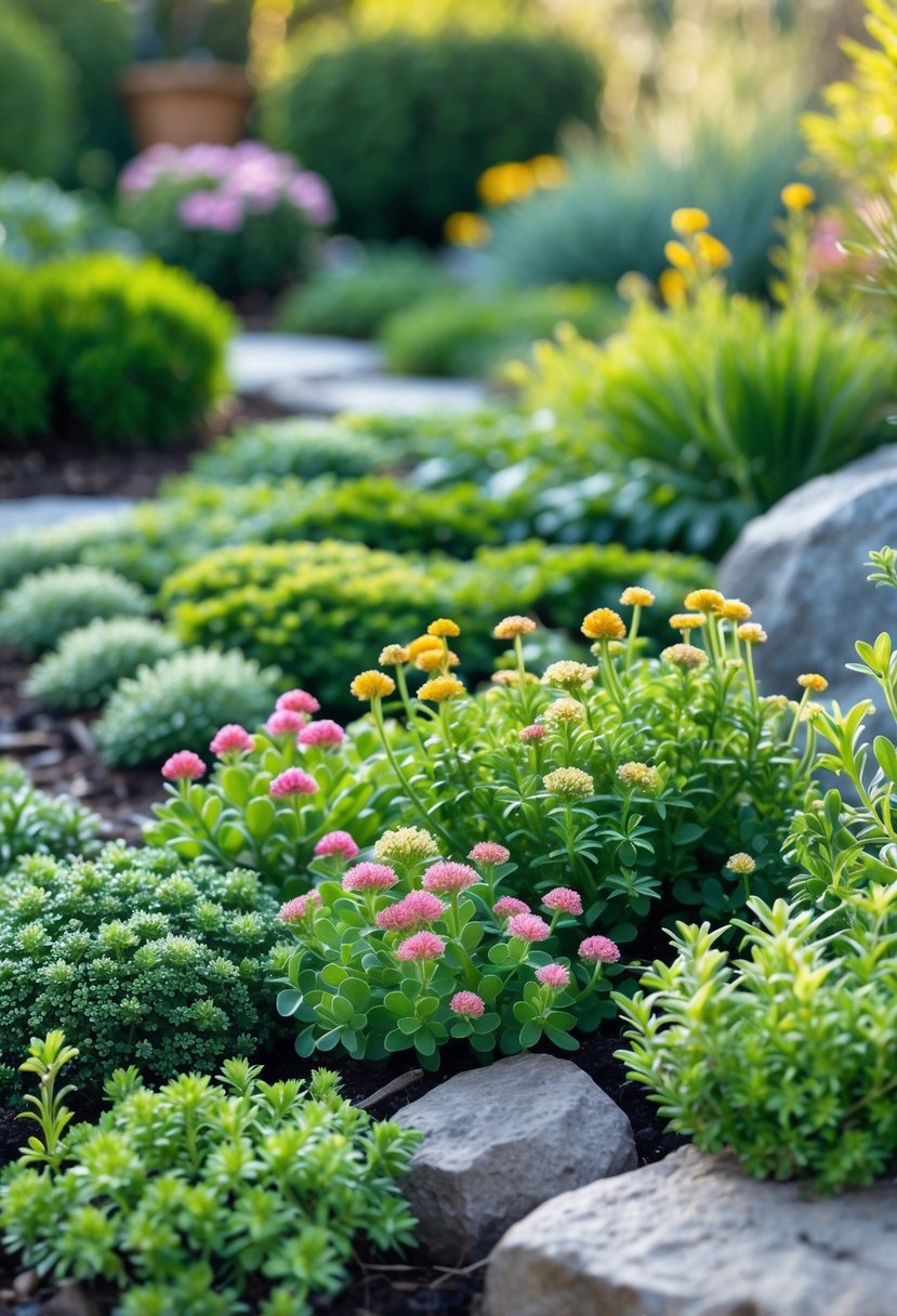 A close-up view of various sedum plants covering a garden ground with green leaves and small colorful flowers.