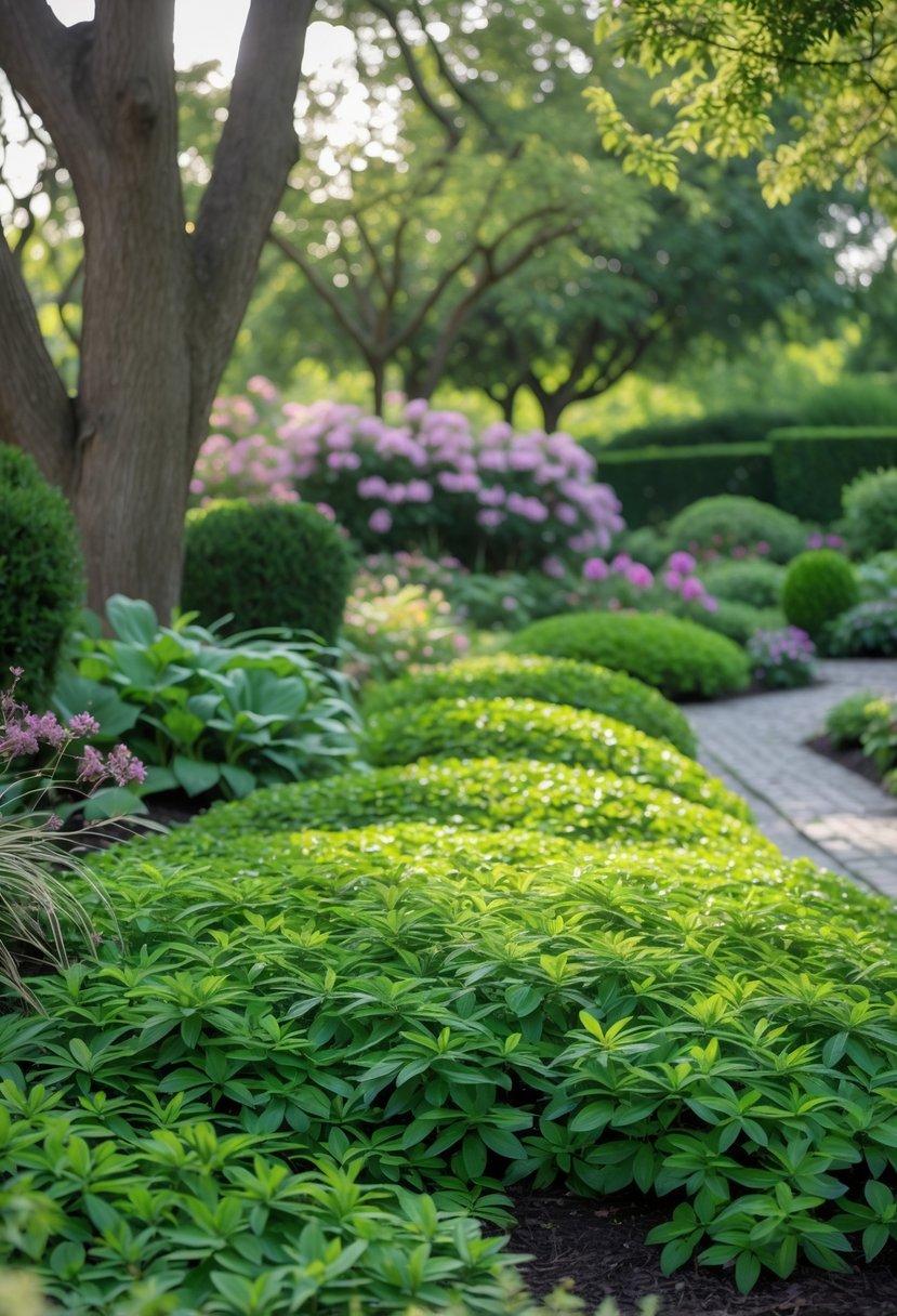 A garden scene with dense green Pachysandra ground cover beneath trees and shrubs, with a pathway and flowering plants in the background.