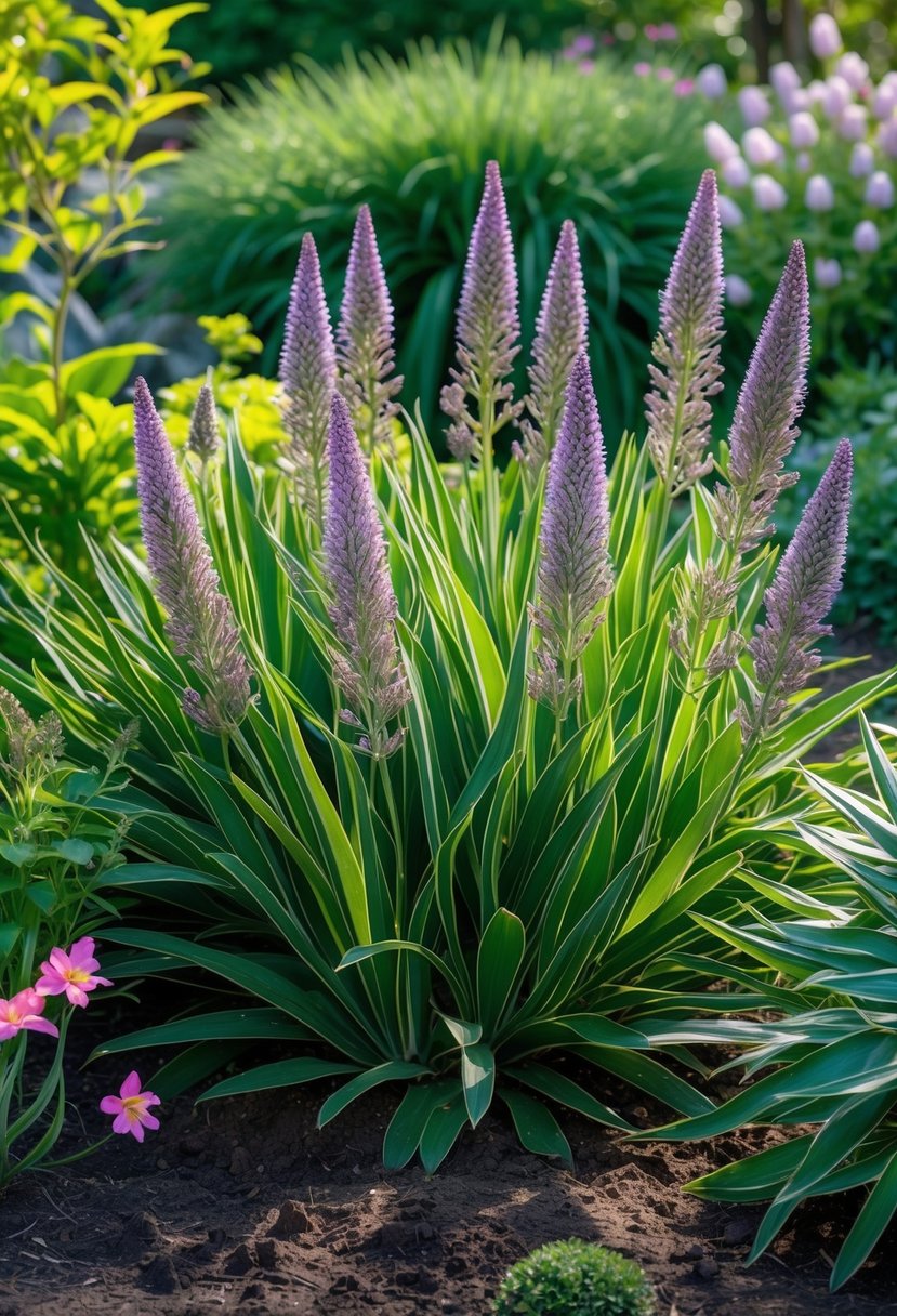 A garden bed densely covered with green Liriope plants featuring narrow leaves and purple flower spikes, surrounded by other garden plants under natural sunlight.