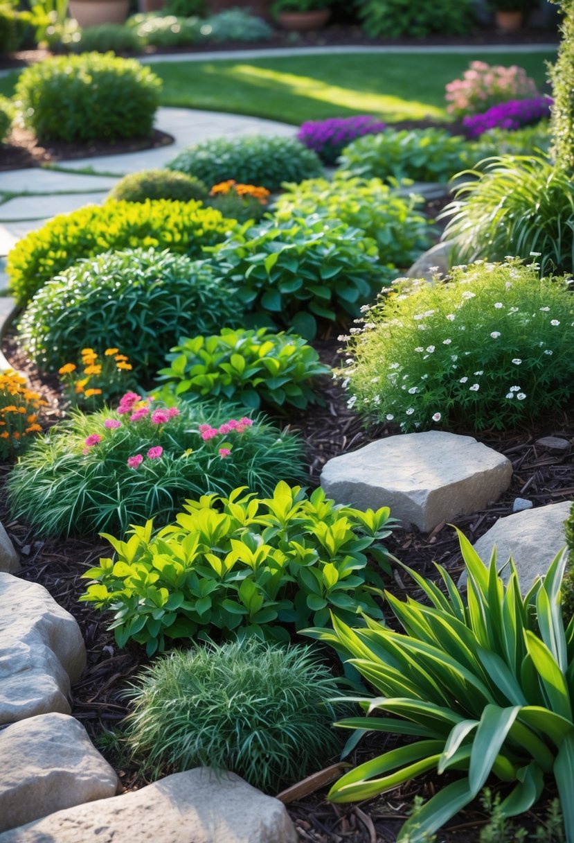 A garden with various green ground cover plants and small flowers growing around rocks and pathways.
