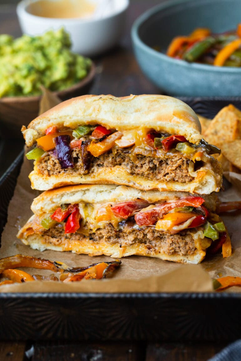 Fajita Burger with Grilled Peppers and Onions