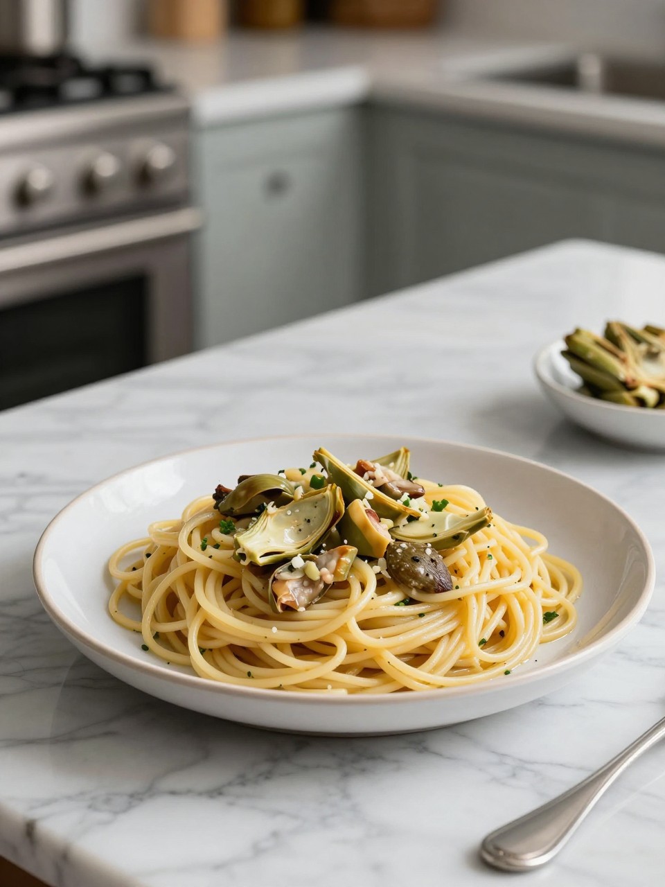 An overheard picture view of a plate of Spaghetti Salad with Artichoke Hearts sitting on a marble countertop table in the kitchen, professional food photography style.