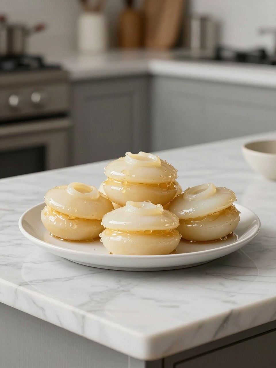 An overheard picture view of a plate of Babà sitting on a marble countertop table in the kitchen, professional food photography style.