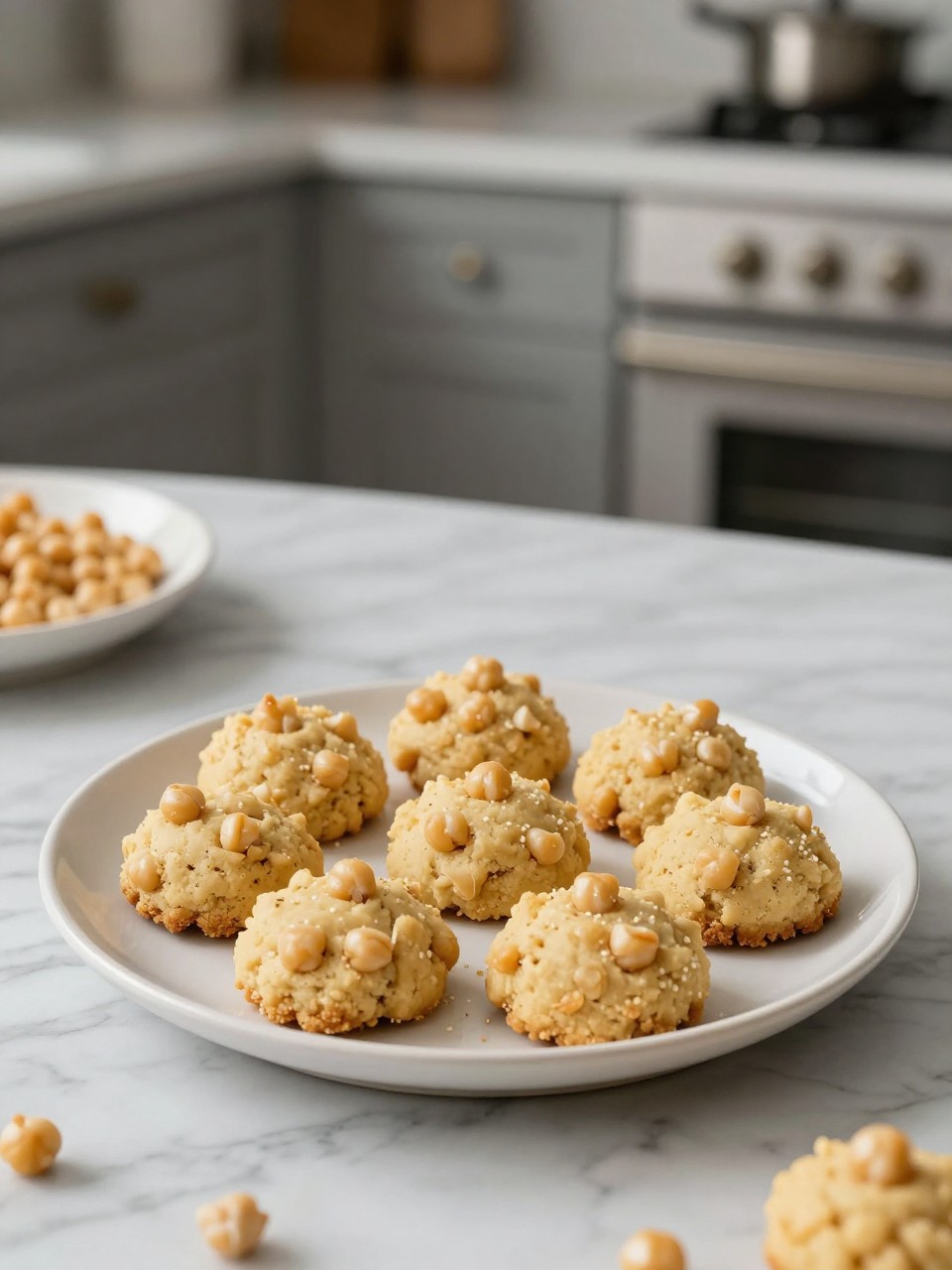 An overheard picture view of a plate of 3-Ingredient Chickpea Cookie Dough sitting on a marble countertop table in the kitchen, professional food photography style.