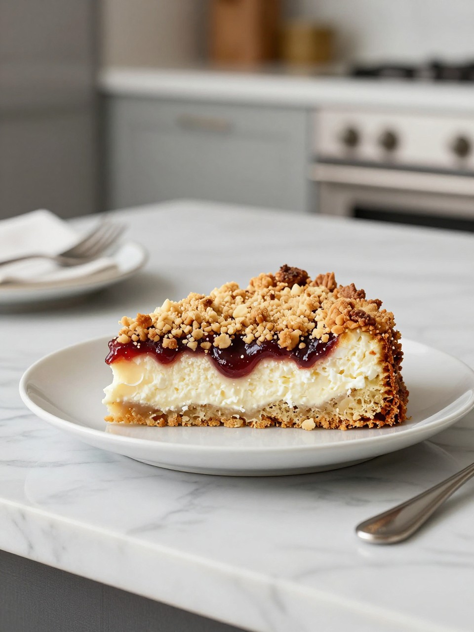 An overheard picture view of a plate of Ricotta and Jam Crumble Cake sitting on a marble countertop table in the kitchen, professional food photography style.