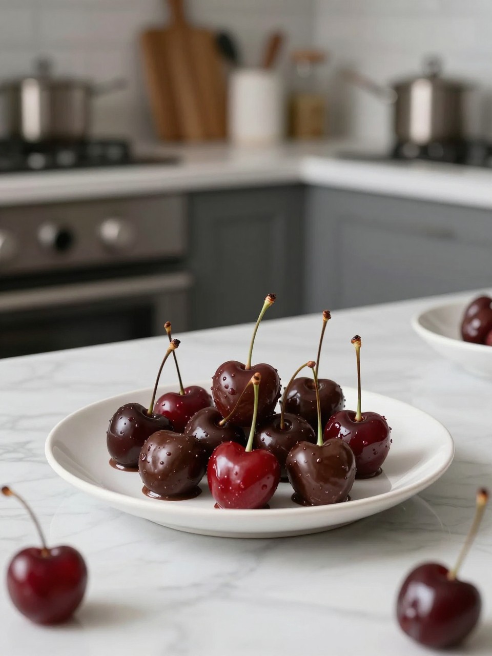 An overheard picture view of a plate of Chocolate Cherry sitting on a marble countertop table in the kitchen, professional food photography style.