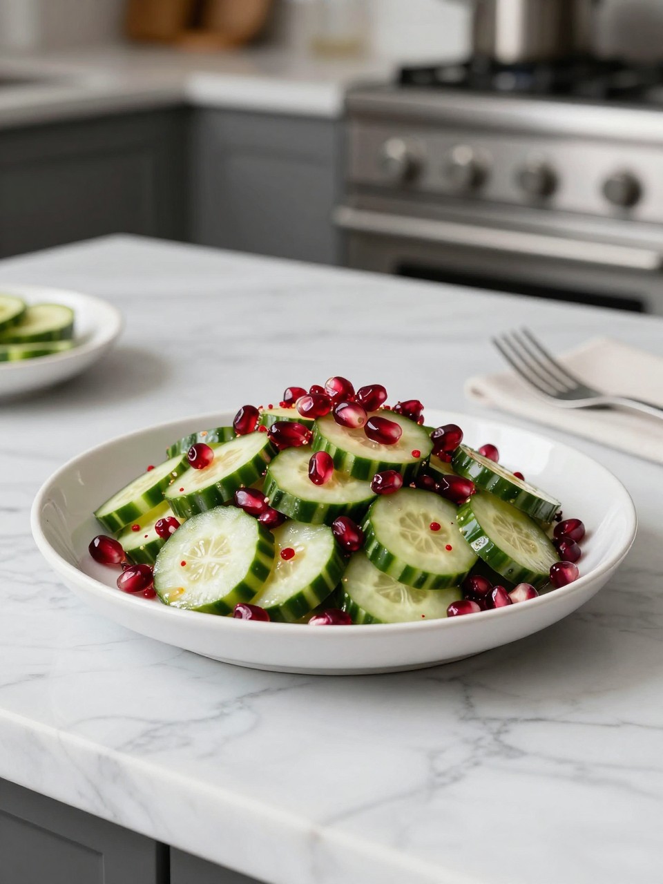An overheard picture view of a plate of Spicy Cucumber Pomegranate Salad sitting on a marble countertop table in the kitchen, professional food photography style.