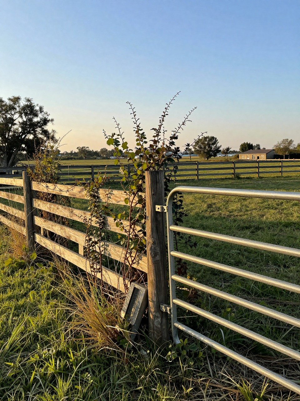 Photo of a split rail fence with wild vines along a backyard edge in a rustic country setting, wide view, late afternoon light, containing an old gate leaning against one section, iPhone photo quality.