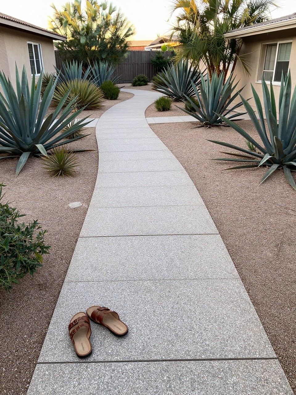 Photo of a decomposed granite pathway curving through a desert garden, wide view from above, setting in a front yard with agave plants, late afternoon light, containing a pair of leather sandals left on the path, iPhone photo quality.