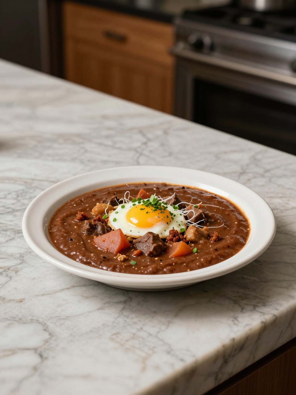 An overheard picture view of a plate of Menudo sitting on a marble countertop table in the kitchen, professional food photography style.