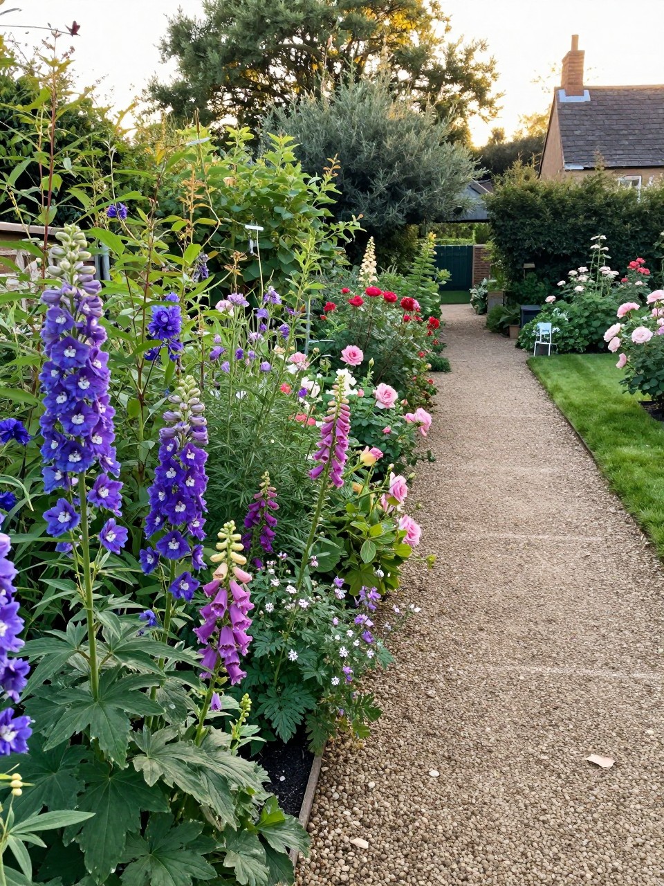 Photo of a narrow side yard with a lush flower border of delphiniums, foxgloves, and roses on one side, a gravel path on the other, wide view, setting in a cottage garden, soft morning light, containing a butterfly on a flower, iPhone photo quality.