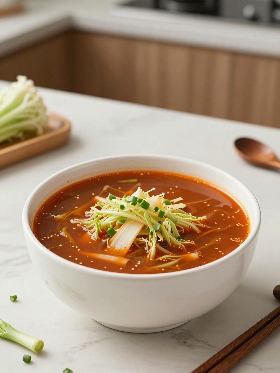 An overheard picture view of a plate of Baechu Doenjang Guk (Cabbage and Doenjang Soup) sitting on a marble countertop table in the kitchen, professional food photography style.