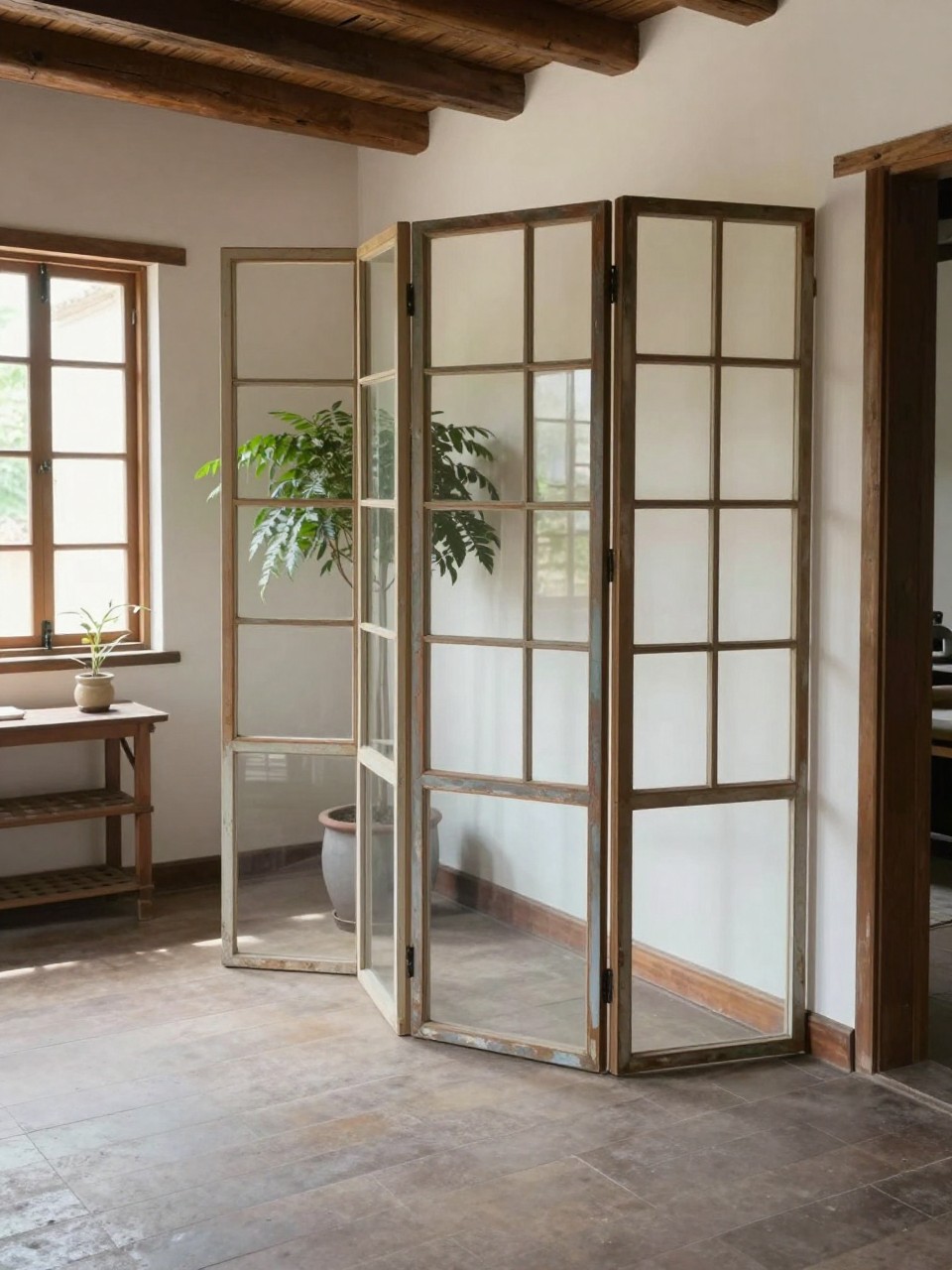 Photo of a living room with a folding screen made from old window frames dividing the space, corner angle view, setting in an open-plan rustic home, natural light filtering through, containing a plant visible behind the screen, iPhone photo quality.