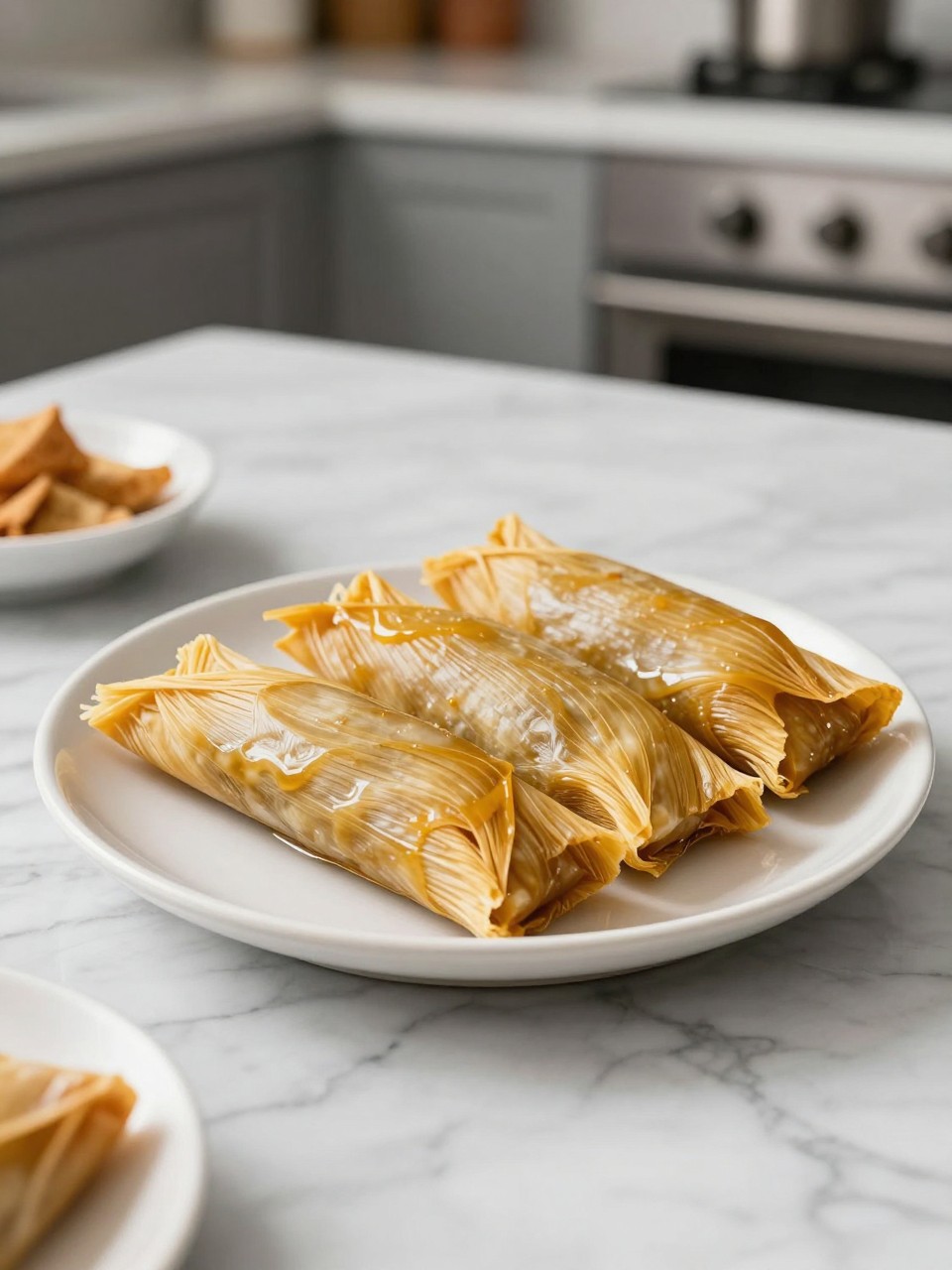 An overheard picture view of a plate of Tamales for Breakfast sitting on a marble countertop table in the kitchen, professional food photography style.