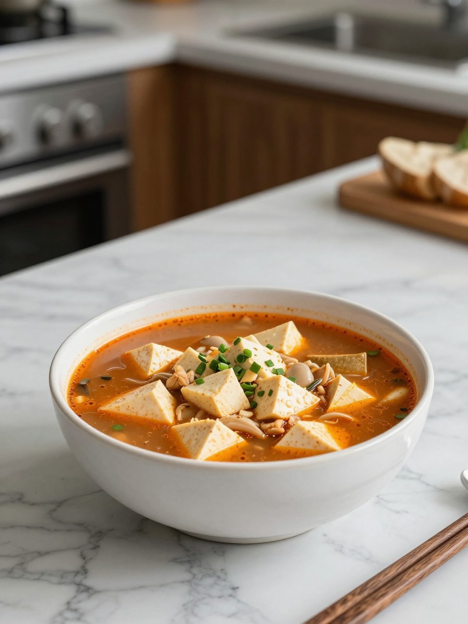 An overheard picture view of a plate of Vegan Sundubu Jjigae (Soft Tofu Stew) sitting on a marble countertop table in the kitchen, professional food photography style.