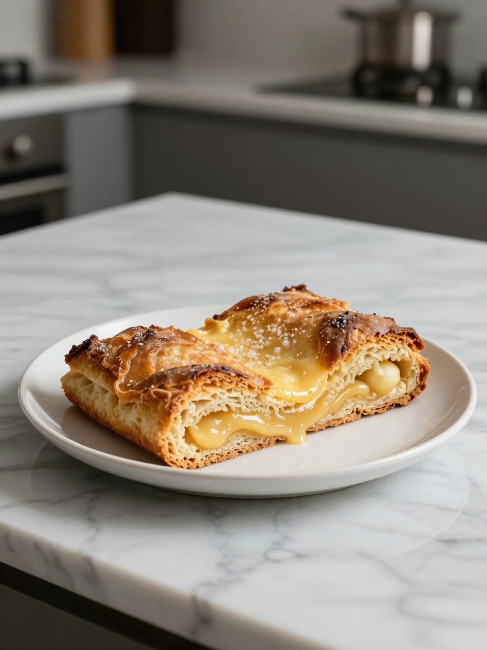 An overheard picture view of a plate of Torta Paradiso sitting on a marble countertop table in the kitchen, professional food photography style.