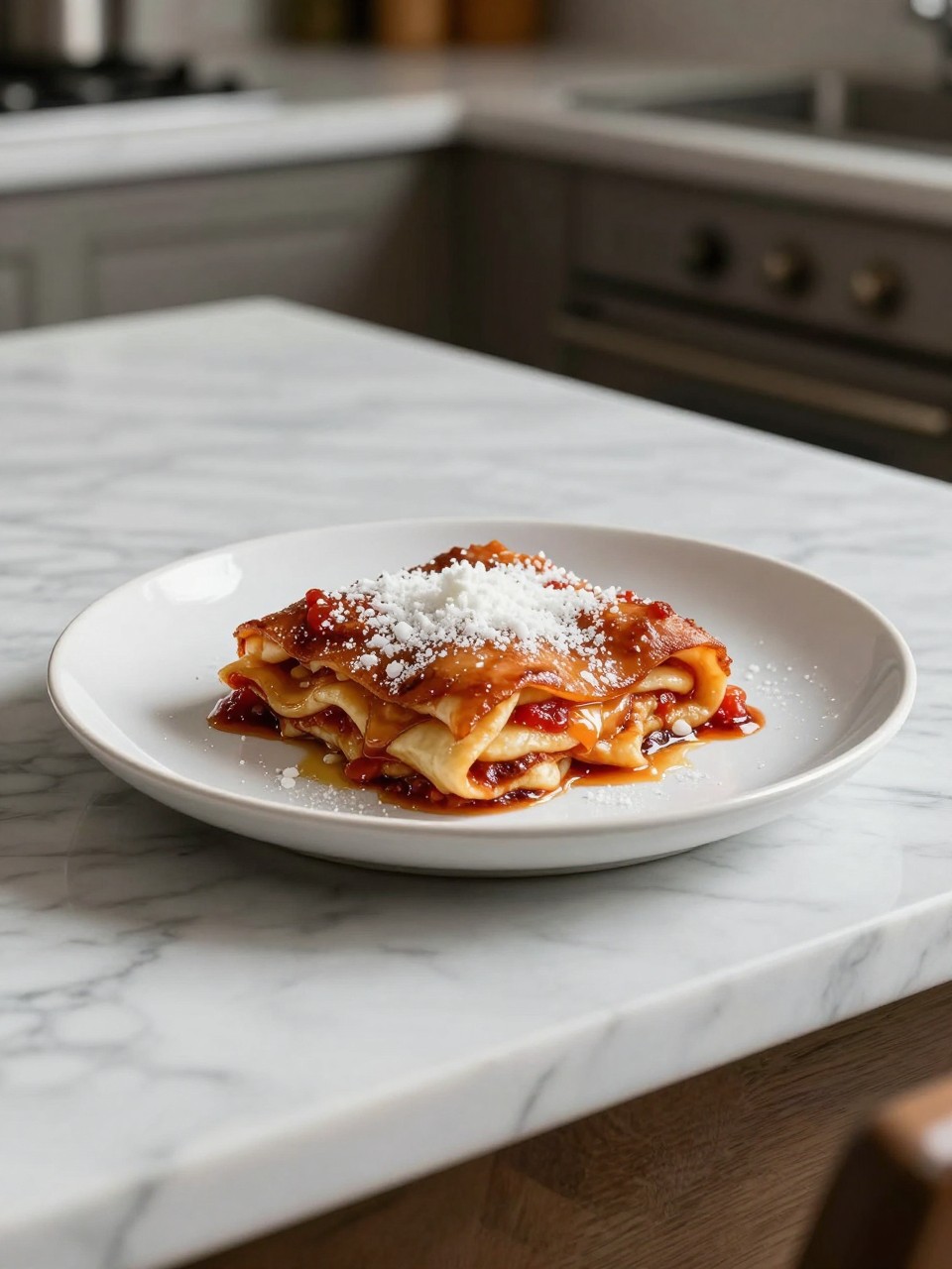 An overheard picture view of a plate of Dolce alla Napoletana sitting on a marble countertop table in the kitchen, professional food photography style.