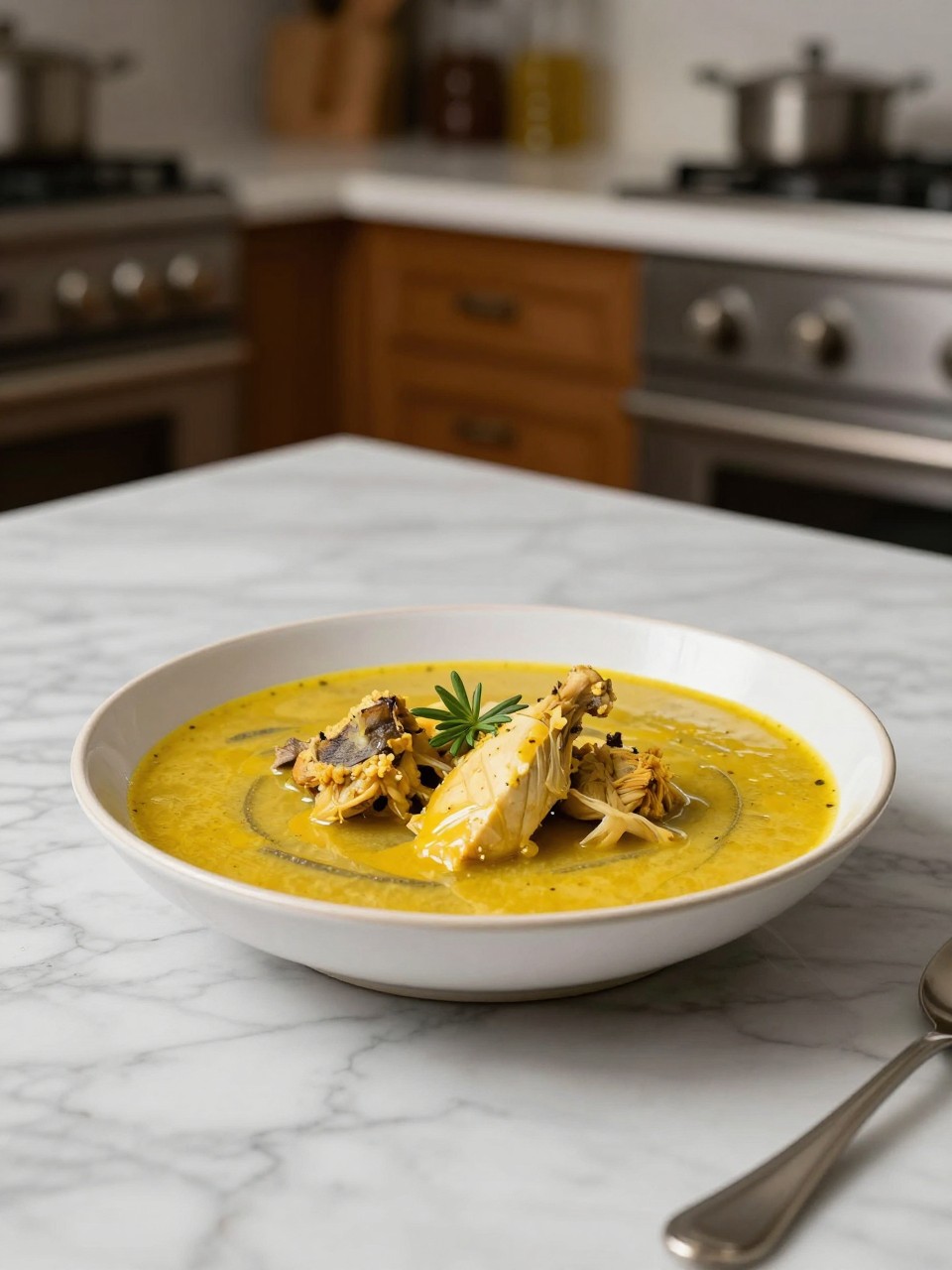An overheard picture view of a plate of Caldo de Pollo sitting on a marble countertop table in the kitchen, professional food photography style.