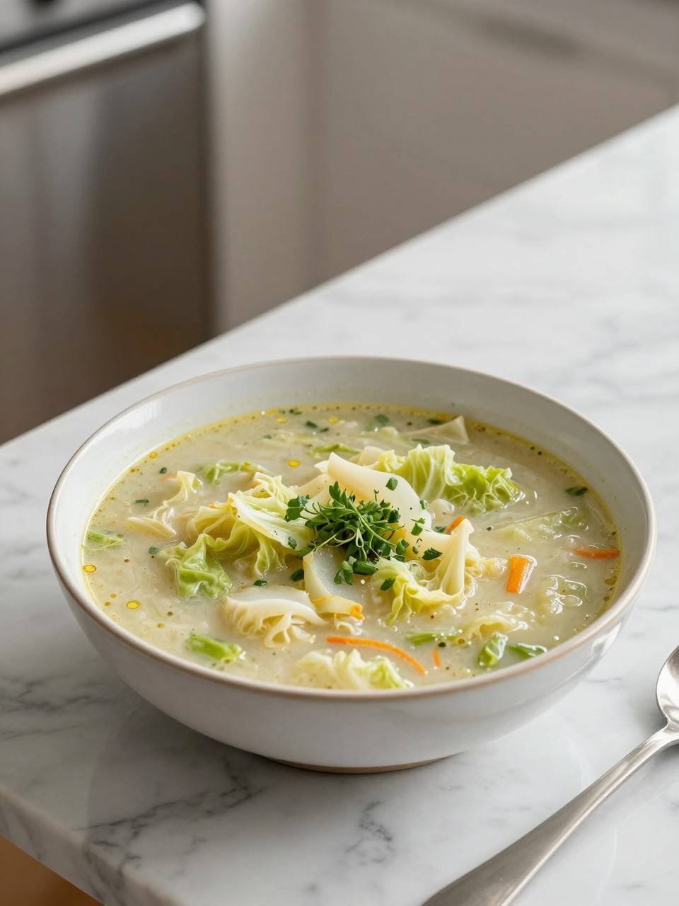 An overheard picture view of a plate of Vegan Cabbage Soup sitting on a marble countertop table in the kitchen, professional food photography style.
