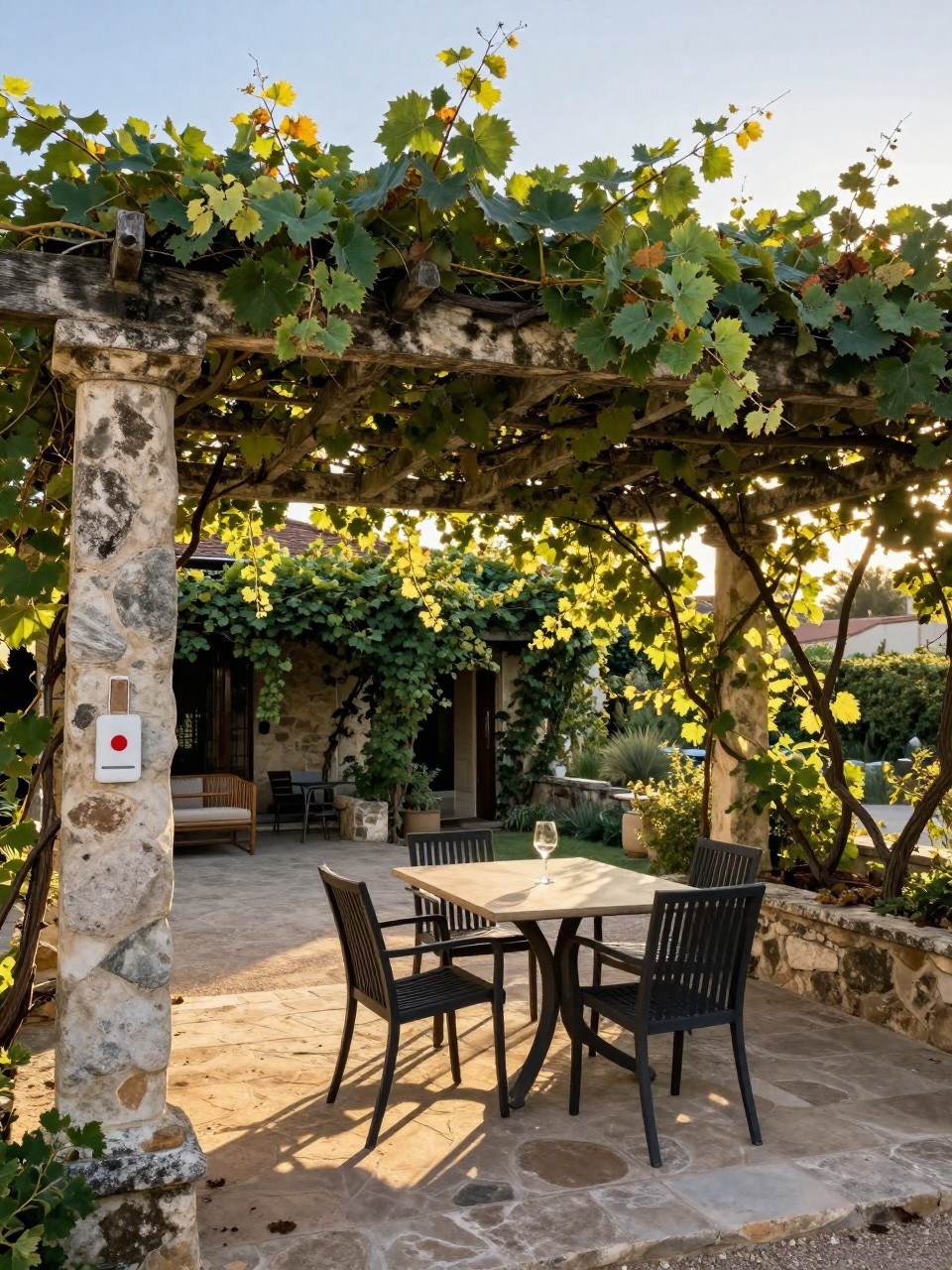 Photo of a stone pergola covered with grapevines, with a dining table and chairs underneath, wide view, setting in a courtyard, late afternoon light through the vines, containing a glass of wine on the table, iPhone photo quality.