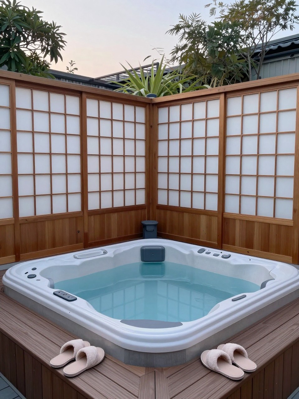 Photo of a hot tub area surrounded by freestanding shoji screens, wide view, setting in a private backyard spa corner, soft evening light, containing a pair of fluffy sandals on the deck, iPhone photo quality.