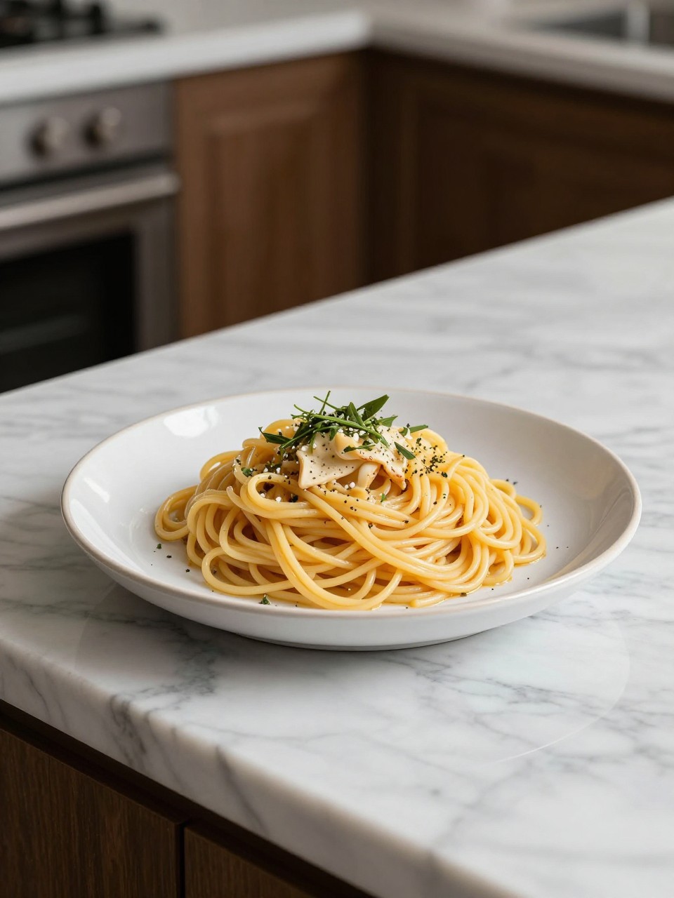 An overheard picture view of a plate of Aglio e Olio sitting on a marble countertop table in the kitchen, professional food photography style.