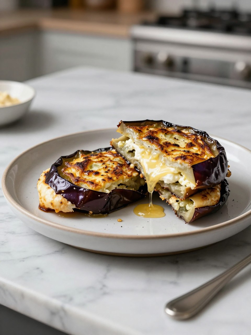 An overheard picture view of a plate of Eggplant and Mozzarella Melts sitting on a marble countertop table in the kitchen, professional food photography style.
