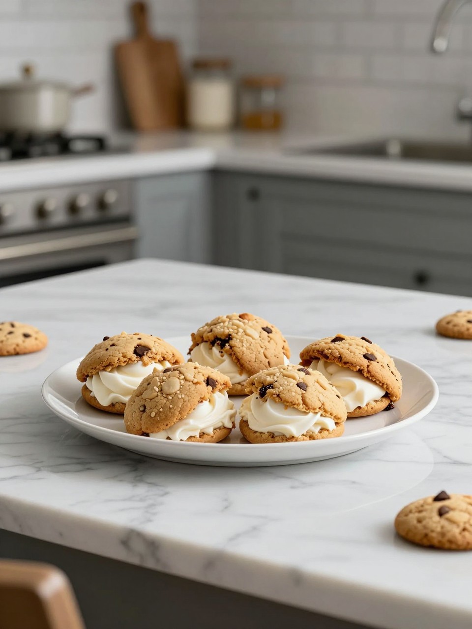 An overheard picture view of a plate of Cookie Dough sitting on a marble countertop table in the kitchen, professional food photography style.