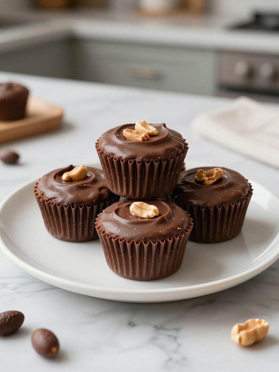 An overheard picture view of a plate of Chocolate Peanut Butter Cup sitting on a marble countertop table in the kitchen, professional food photography style.