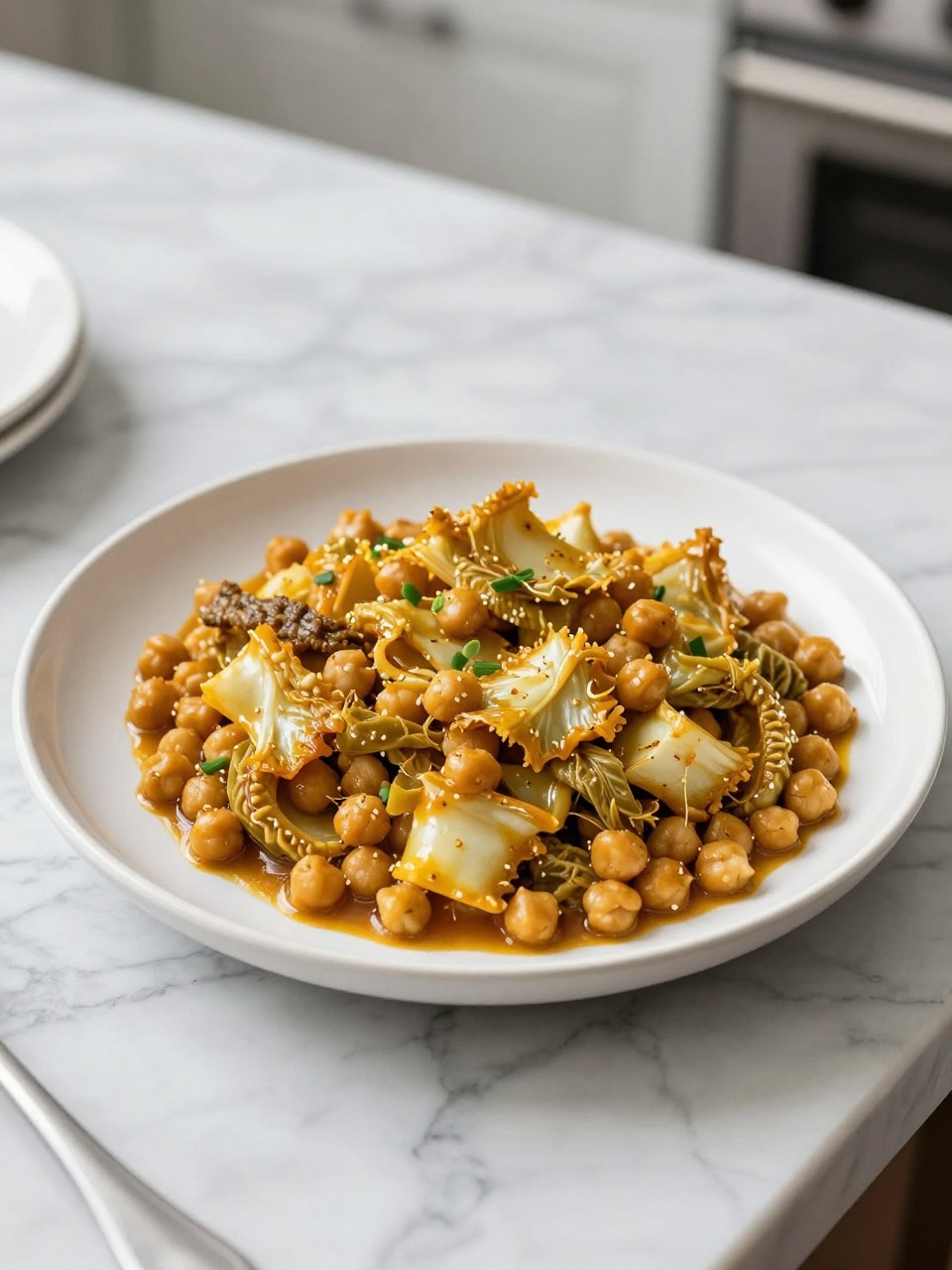 An overheard picture view of a plate of Curried Coconut Cabbage and Chickpeas sitting on a marble countertop table in the kitchen, professional food photography style.