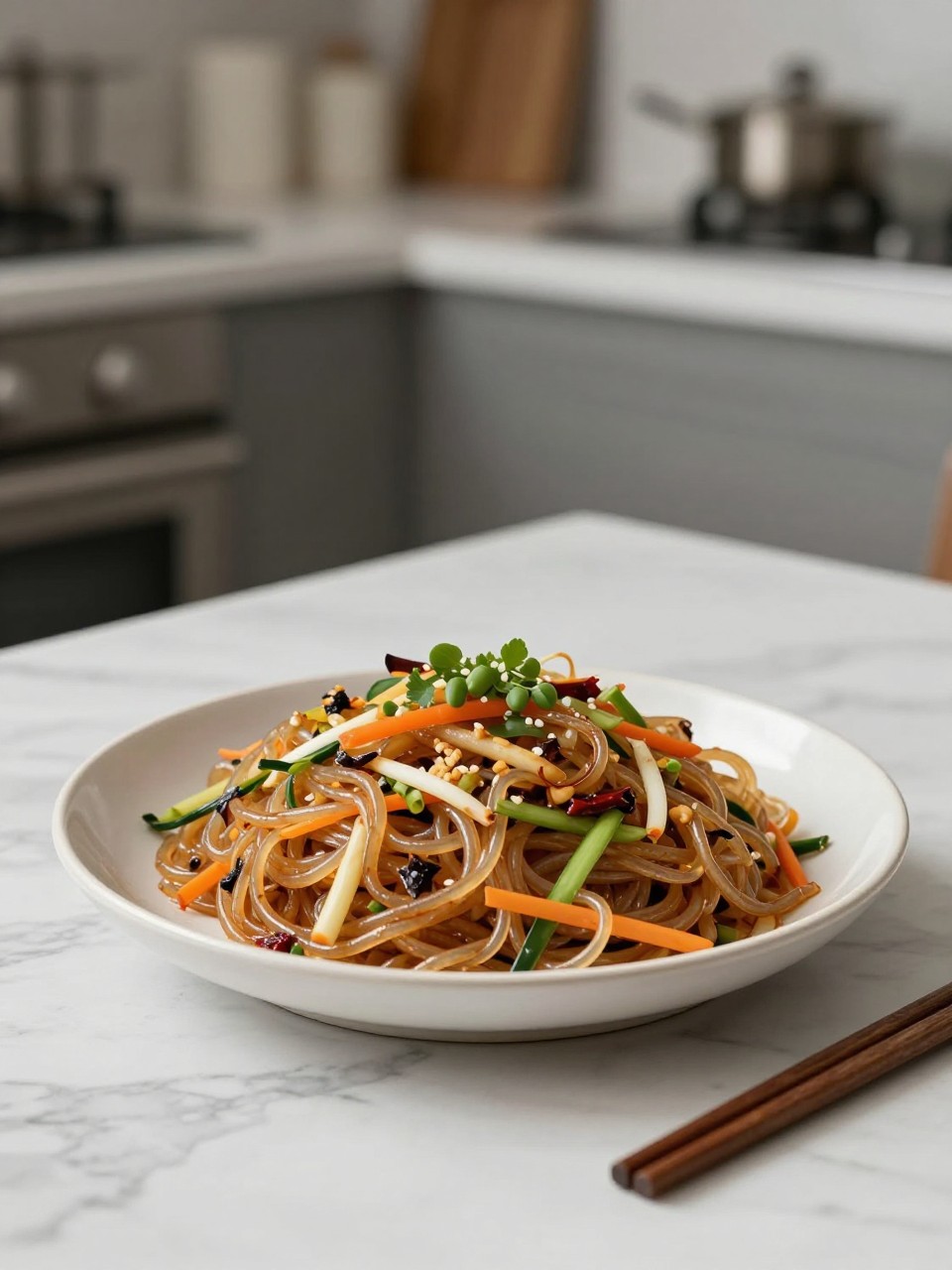 An overheard picture view of a plate of Vegan Japchae (Glass Noodle Stir-Fry) sitting on a marble countertop table in the kitchen, professional food photography style.