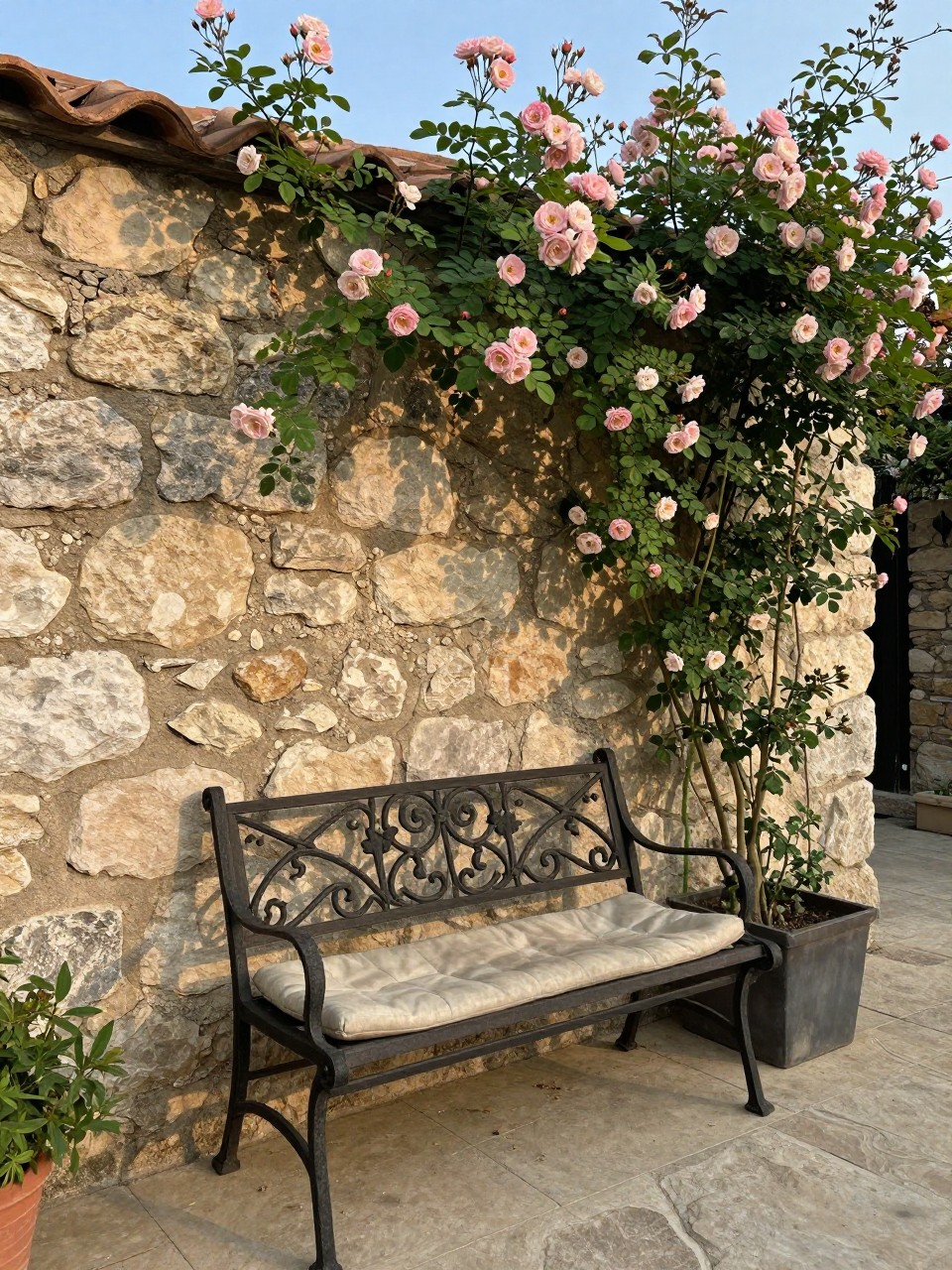 Photo of a wrought iron bench under a stone wall, with climbing roses beginning to cover it, corner angle view, setting in a courtyard garden, late afternoon light, containing a faded cushion on the bench, iPhone photo quality.