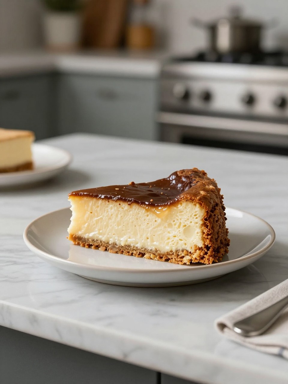 An overheard picture view of a plate of Italian Love Cake sitting on a marble countertop table in the kitchen, professional food photography style.