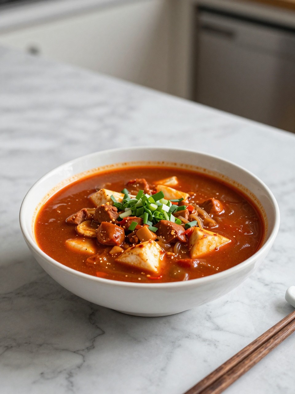 An overheard picture view of a plate of Doenjang Jjigae (Fermented Soybean Paste Stew) sitting on a marble countertop table in the kitchen, professional food photography style.