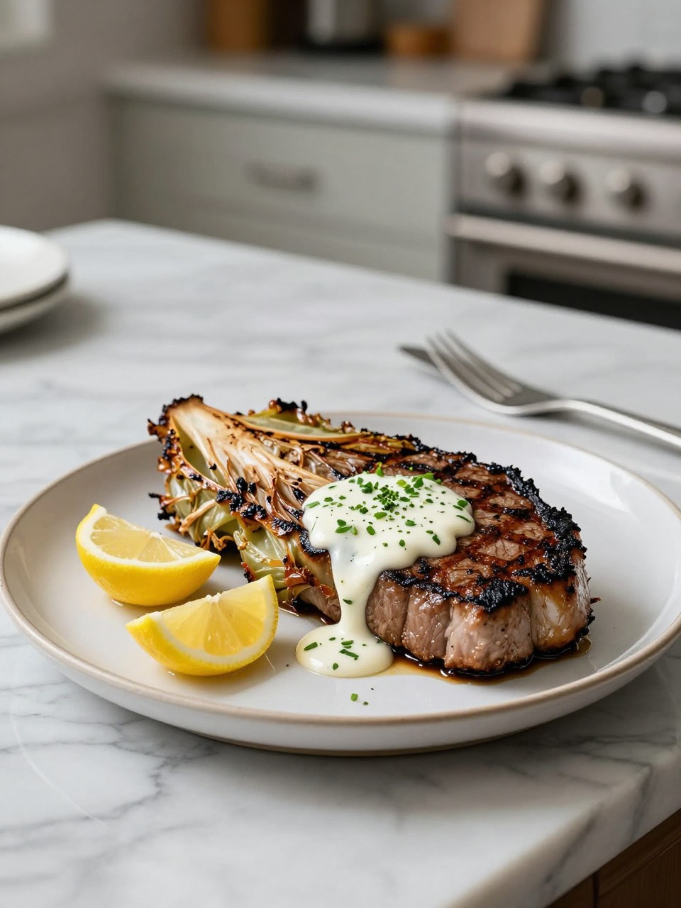 An overheard picture view of a plate of Grilled Cabbage Steaks with Lemon-Garlic Dressing sitting on a marble countertop table in the kitchen, professional food photography style.
