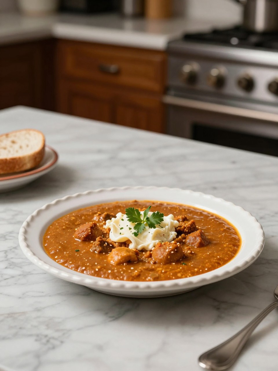 An overheard picture view of a plate of Sopa de Albondigas sitting on a marble countertop table in the kitchen, professional food photography style.