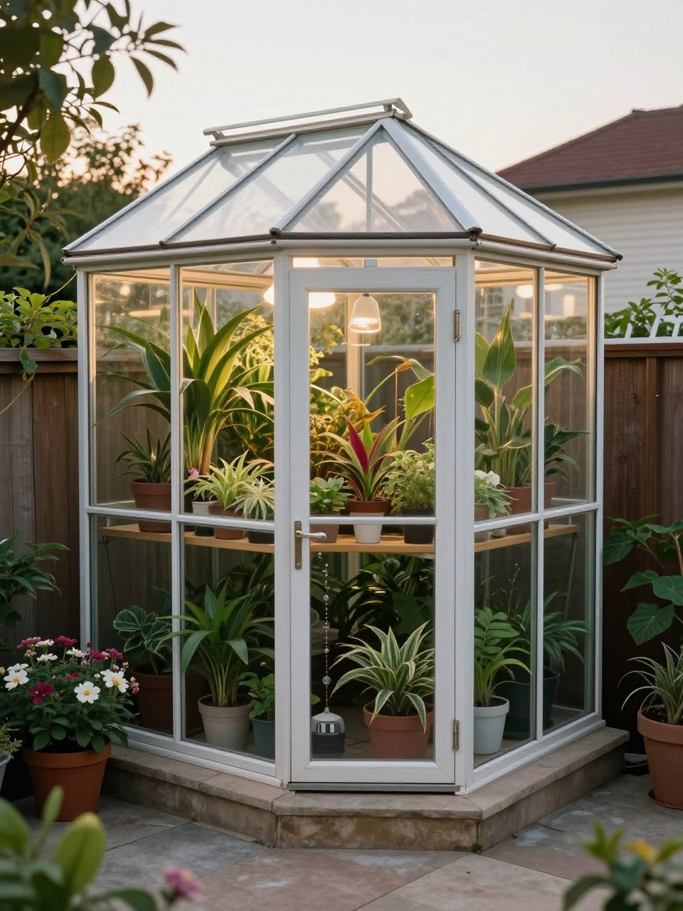 Photo of a glass corner greenhouse unit with multiple shelves of plants, corner angle view, setting on a small patio with potted flowers nearby, golden hour, containing a small mister on the bottom shelf, iPhone photo quality.