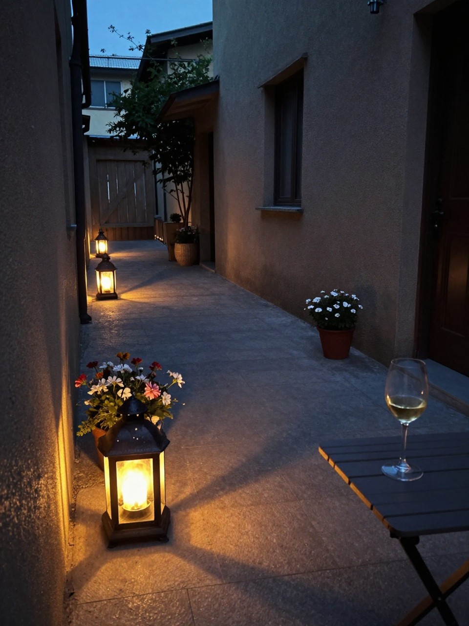Photo of a narrow side yard at dusk with rustic lanterns glowing along the path, flowers visible in the soft light, corner angle view, warm evening light, containing a glass of wine on a small table, iPhone photo quality.