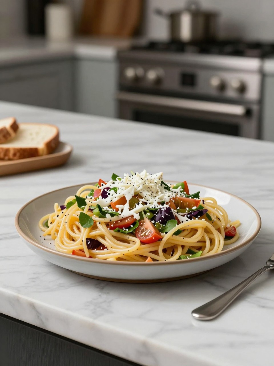 An overheard picture view of a plate of Greek-Inspired Spaghetti Salad sitting on a marble countertop table in the kitchen, professional food photography style.