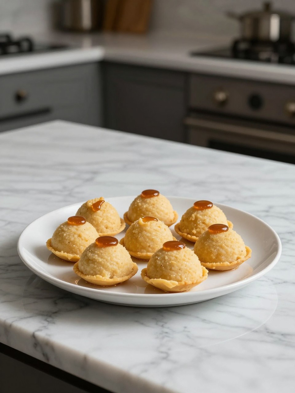 An overheard picture view of a plate of Ciaramicola sitting on a marble countertop table in the kitchen, professional food photography style.
