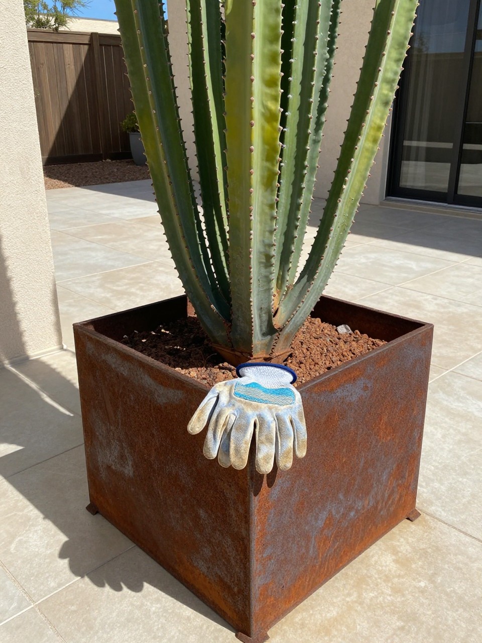 Photo of a rusted steel planter with a tall ocotillo plant, corner angle view, setting on a modern desert patio with tile flooring, bright midday light, containing a gardening glove resting on the planter edge, iPhone photo quality.
