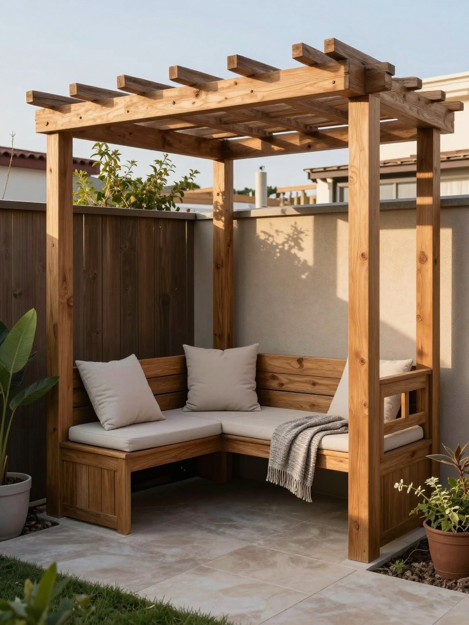 Photo of a pergola with built-in wooden benches and neutral cushions, corner angle view, setting in a small courtyard garden, late afternoon light, containing a folded throw blanket on one bench, iPhone photo quality.