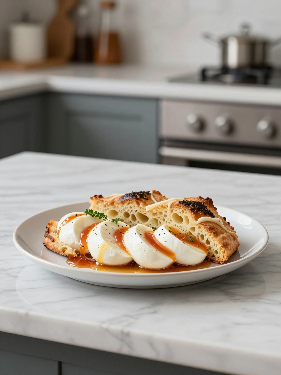 An overheard picture view of a plate of Torta Caprese sitting on a marble countertop table in the kitchen, professional food photography style.