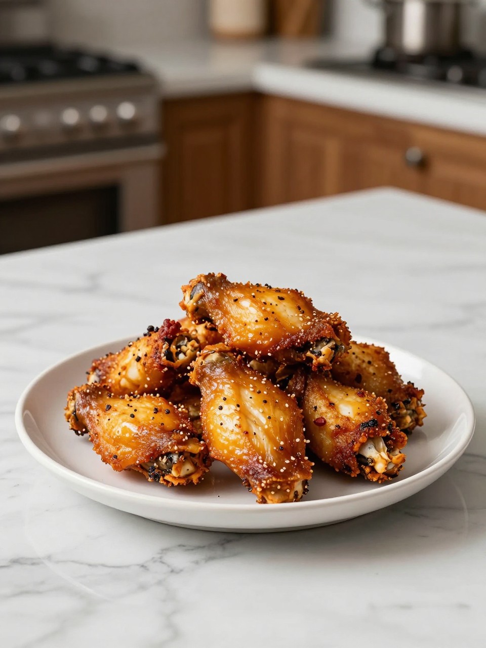 An overheard picture view of a plate of Crispy Baked Buffalo Cabbage Wings sitting on a marble countertop table in the kitchen, professional food photography style.