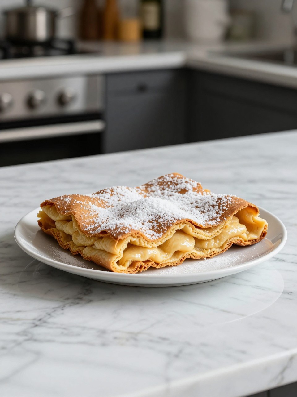 An overheard picture view of a plate of Ciambella Romagnola sitting on a marble countertop table in the kitchen, professional food photography style.