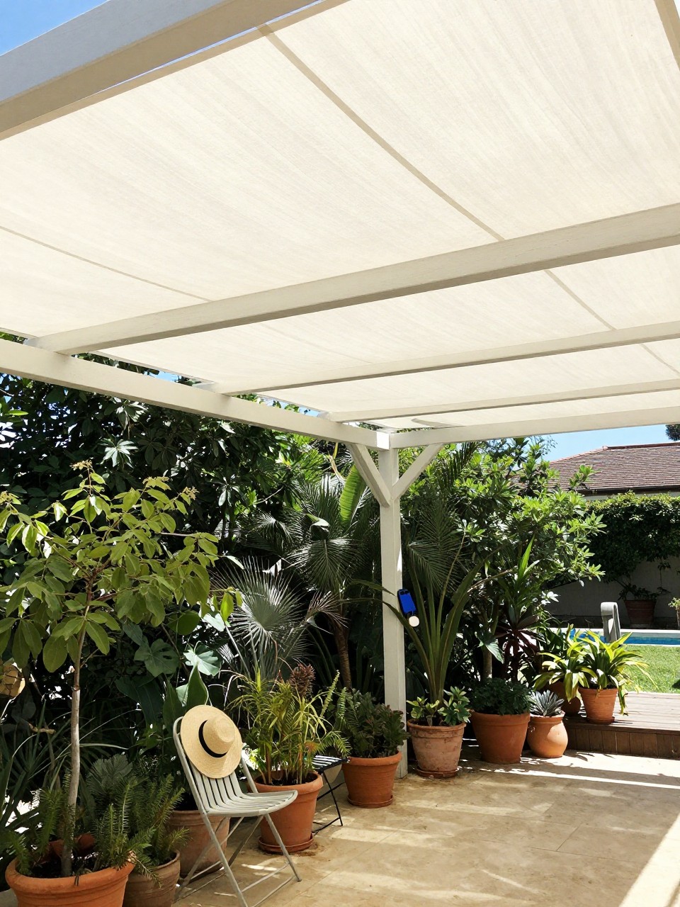Photo of a pergola with a white sun sail stretched across part of the top, wide view, setting in a small garden with potted plants, bright midday light, containing a sun hat on a nearby chair, iPhone photo quality.